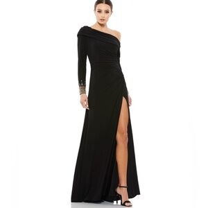 Size 6 Mac Duggal Dress 12231 Beaded Cuff Drop Shoulder Faux Wrap Black Gown